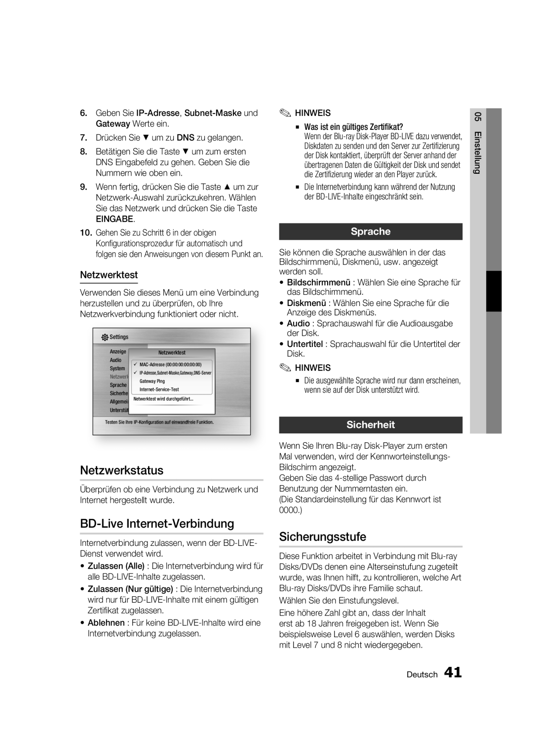 Samsung BD-C6500/XAA, BD-C6500/XEN manual Netzwerkstatus, BD-Live Internet-Verbindung, Sicherungsstufe, Sprache, Sicherheit 