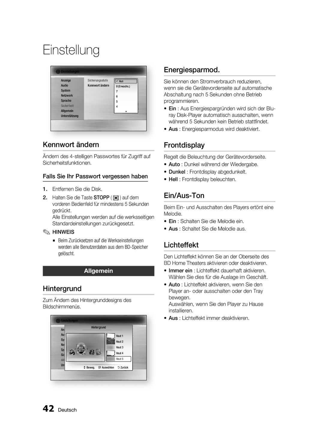 Samsung BD-C6500/XEF, BD-C6500/XEN Kennwort ändern, Hintergrund, Energiesparmod, Frontdisplay, Ein/Aus-Ton, Lichteffekt 