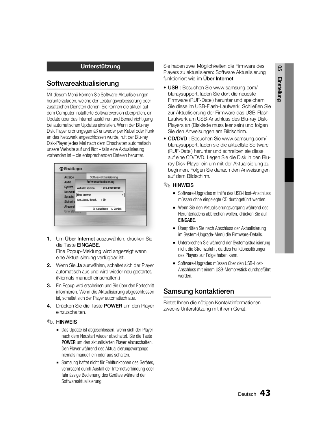 Samsung BD-C6500/XEE, BD-C6500/XEN, BD-C6500/EDC, BD-C6500/XAA Softwareaktualisierung, Samsung kontaktieren, Unterstützung 