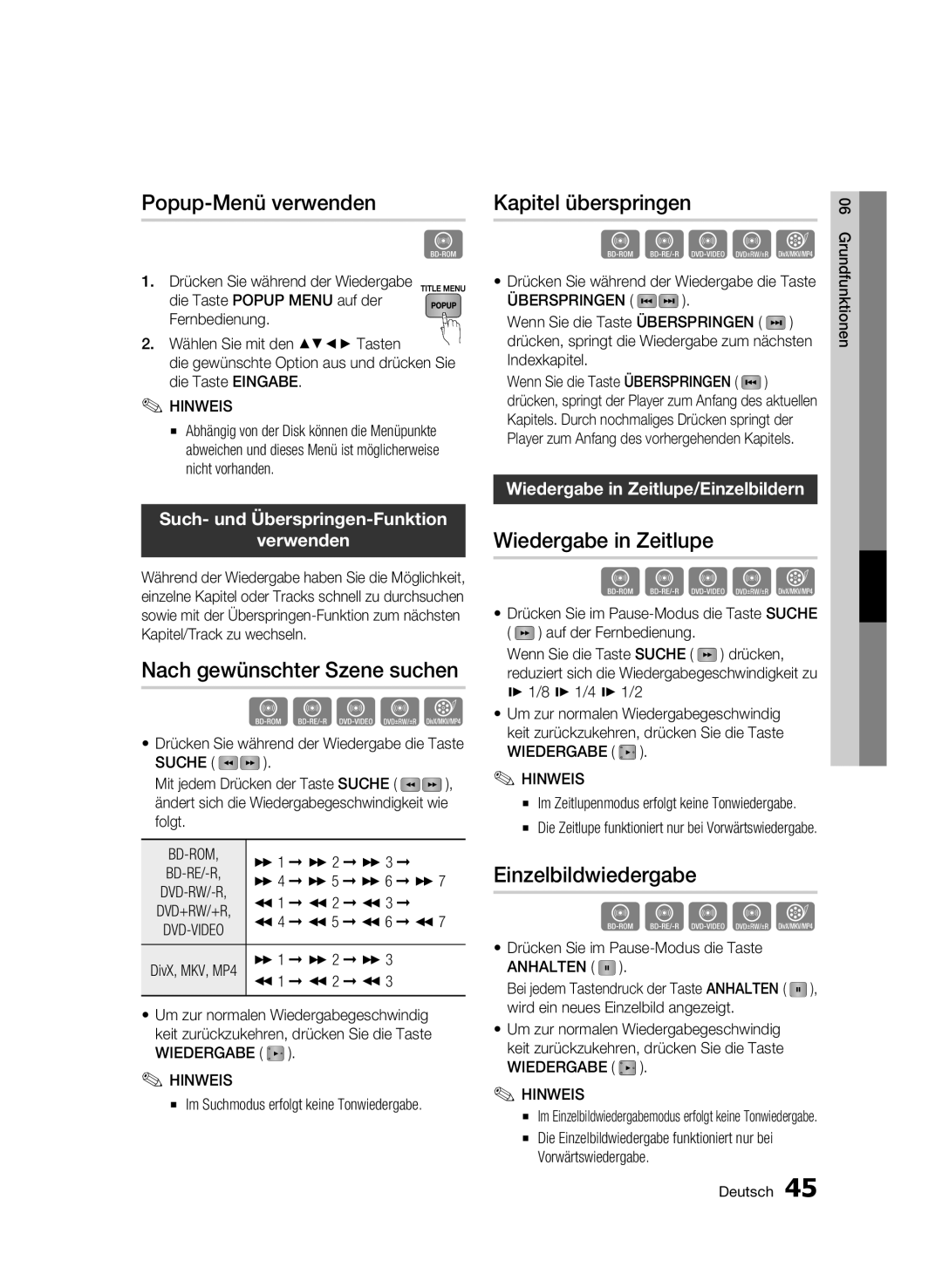 Samsung BD-C6500/EDC Popup-Menü verwenden, Nach gewünschter Szene suchen, Kapitel überspringen, Wiedergabe in Zeitlupe 