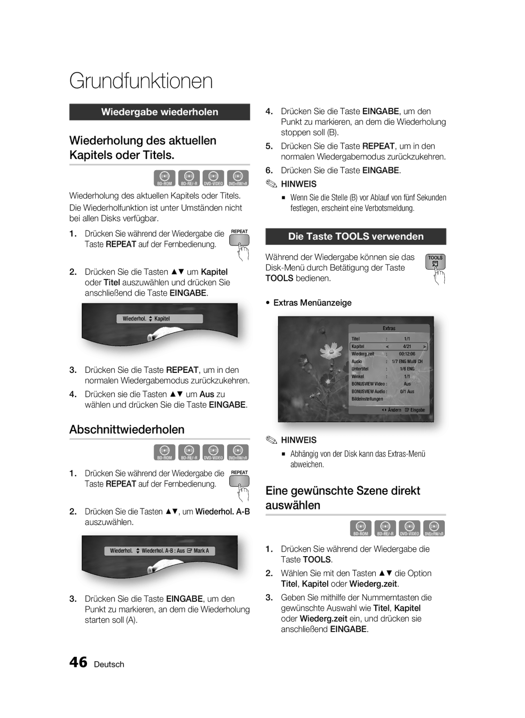 Samsung BD-C6500/XAA manual Wiederholung des aktuellen Kapitels oder Titels, Abschnittwiederholen, Wiedergabe wiederholen 