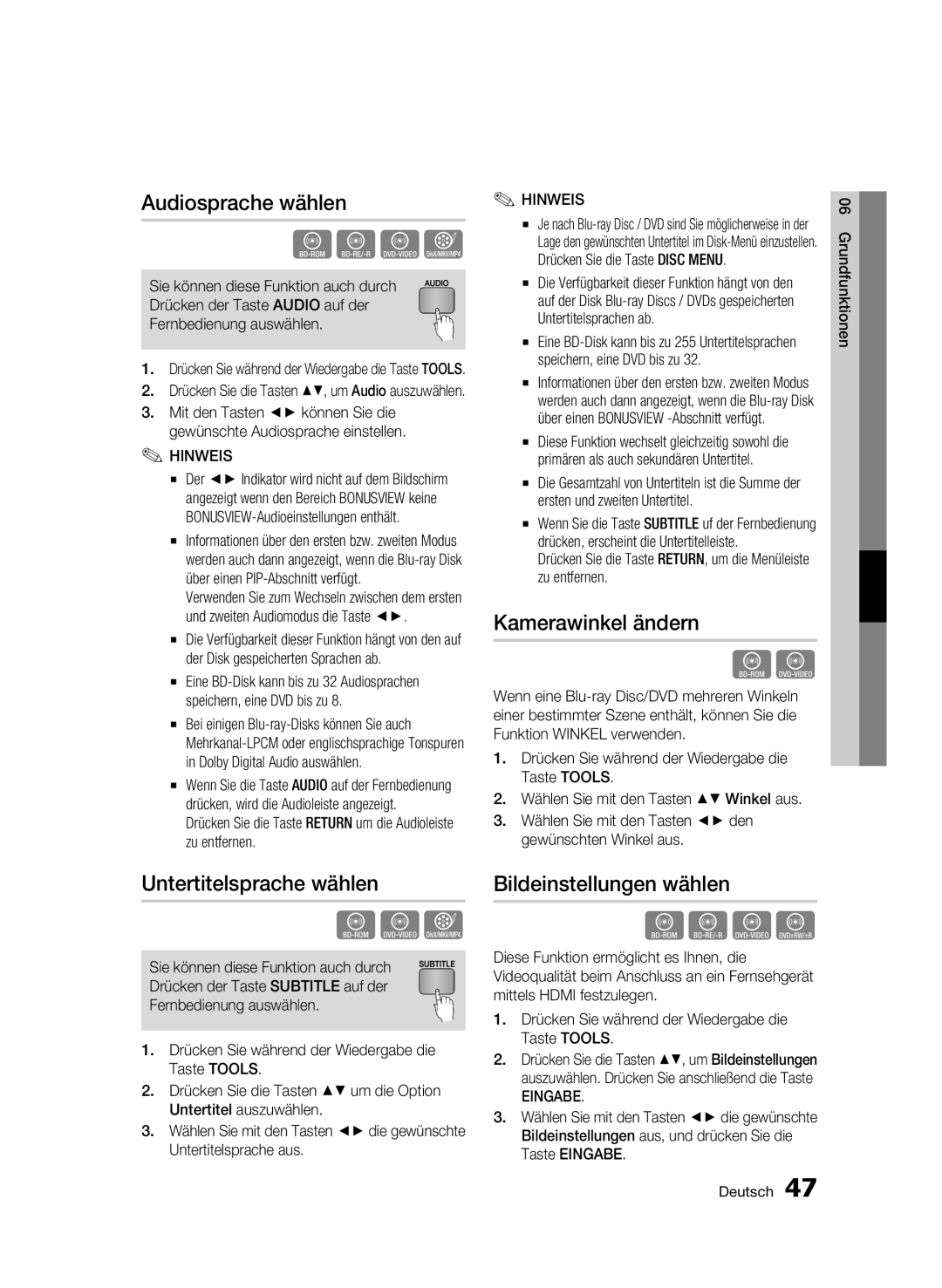 Samsung BD-C6500/XEF manual Audiosprache wählen, Kamerawinkel ändern, Untertitelsprache wählen, Bildeinstellungen wählen 