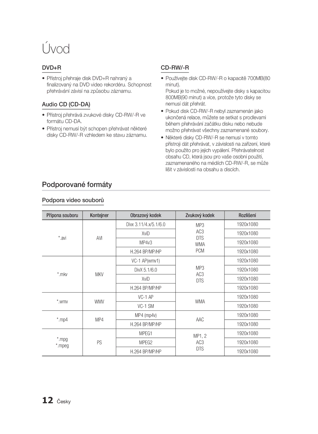 Samsung BD-C6500/XAA, BD-C6500/XEN, BD-C6500/EDC manual Podporované formáty, Audio CD CD-DA, Podpora video souborů, AC3, Pcm 