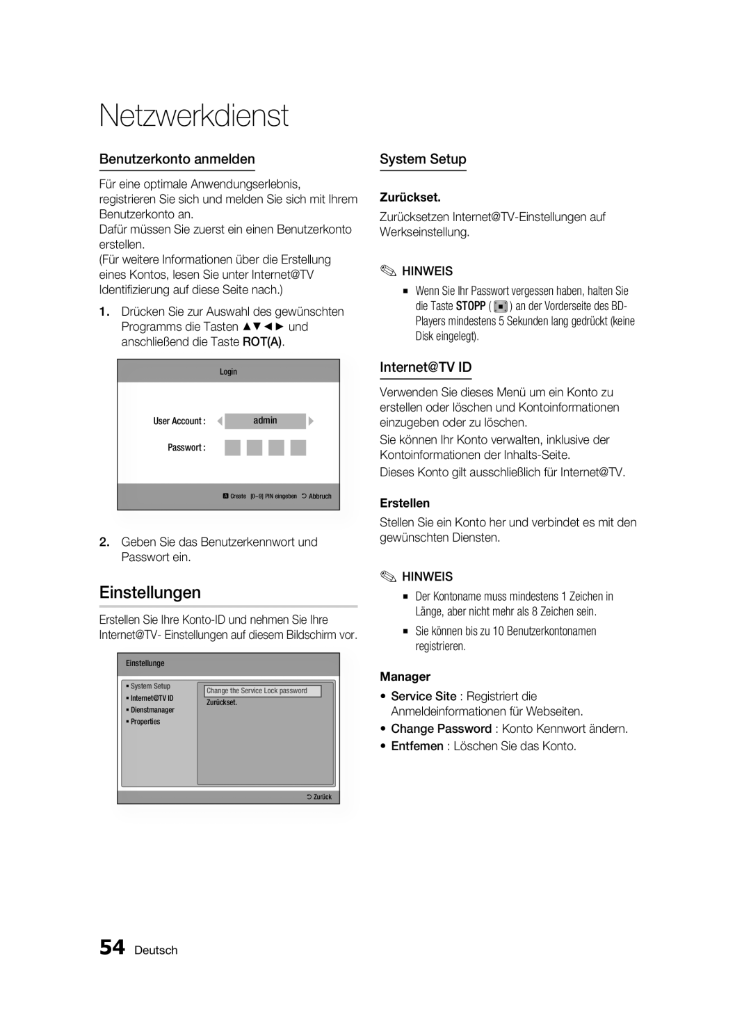 Samsung BD-C6500/XEN, BD-C6500/EDC, BD-C6500/XAA Einstellungen, Benutzerkonto anmelden, System Setup, Zurückset, Erstellen 