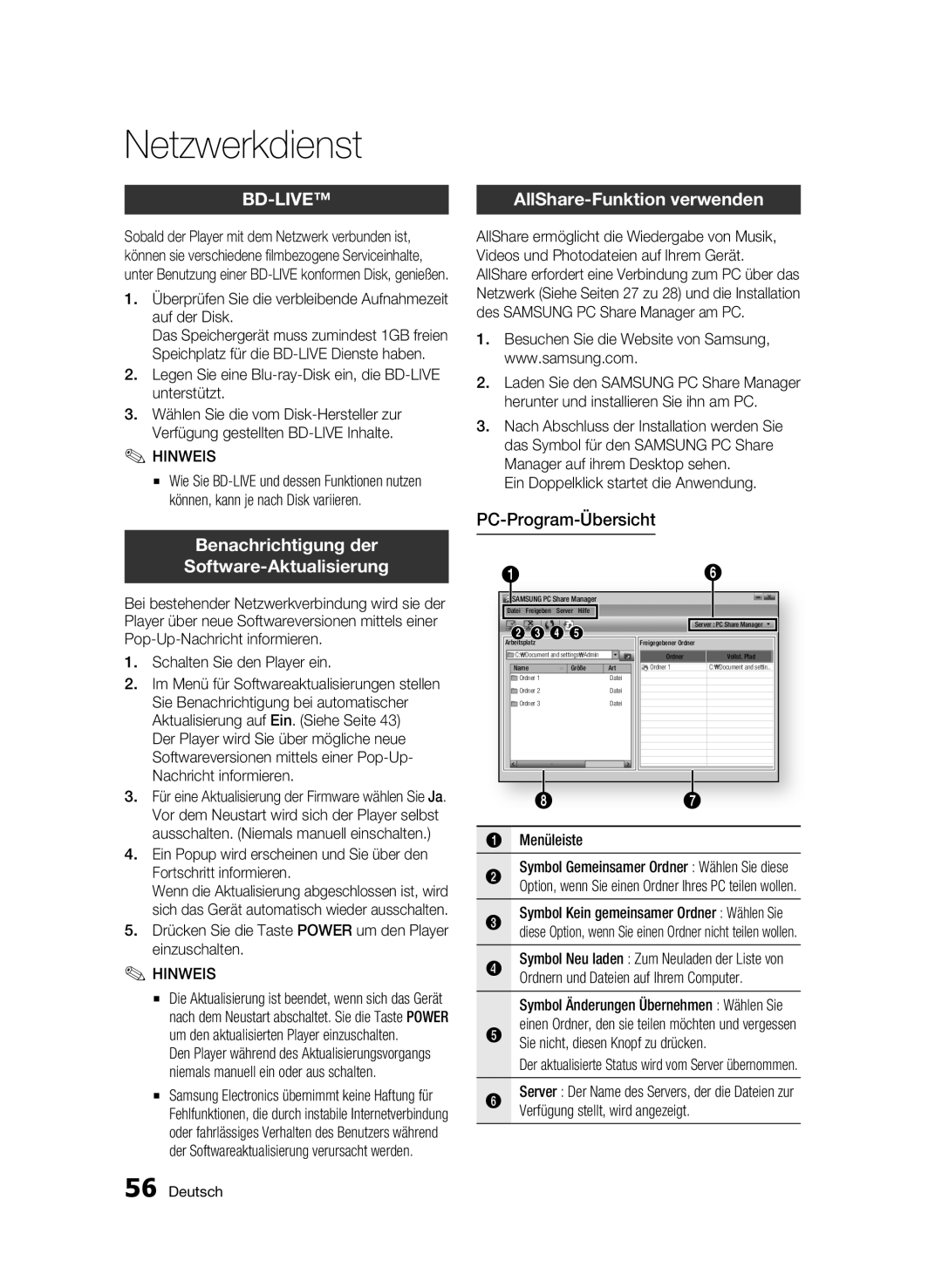 Samsung BD-C6500/XAA manual AllShare-Funktion verwenden, Benachrichtigung der Software-Aktualisierung, PC-Program-Übersicht 