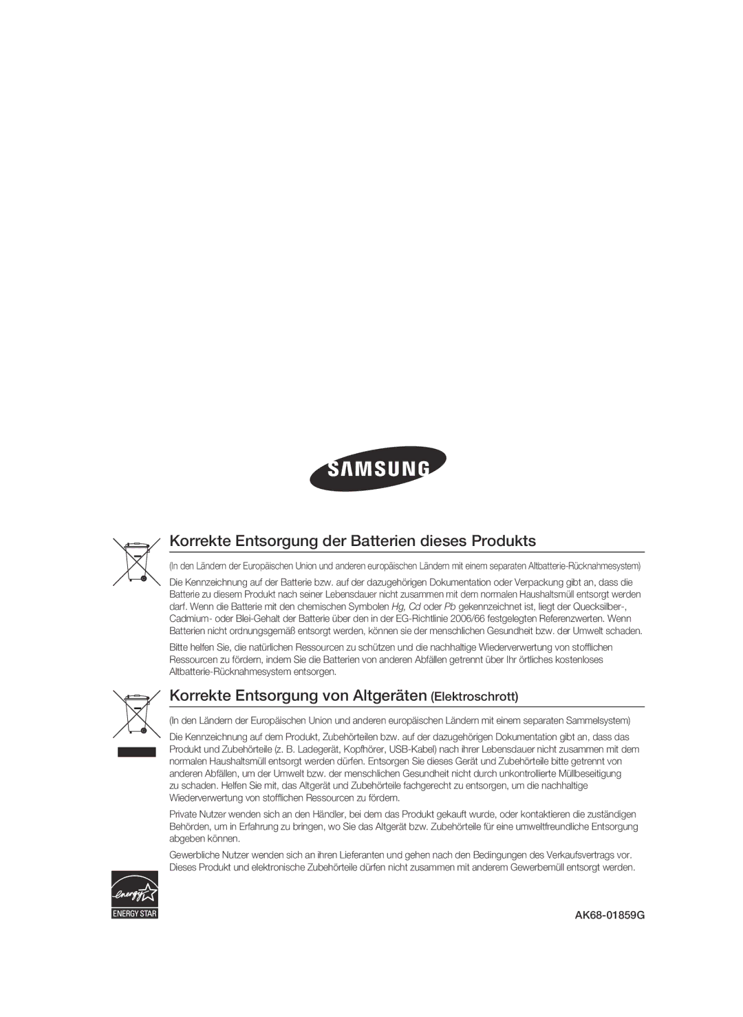 Samsung BD-C6500/XEF, BD-C6500/XEN, BD-C6500/EDC, BD-C6500/XAA manual Korrekte Entsorgung der Batterien dieses Produkts 