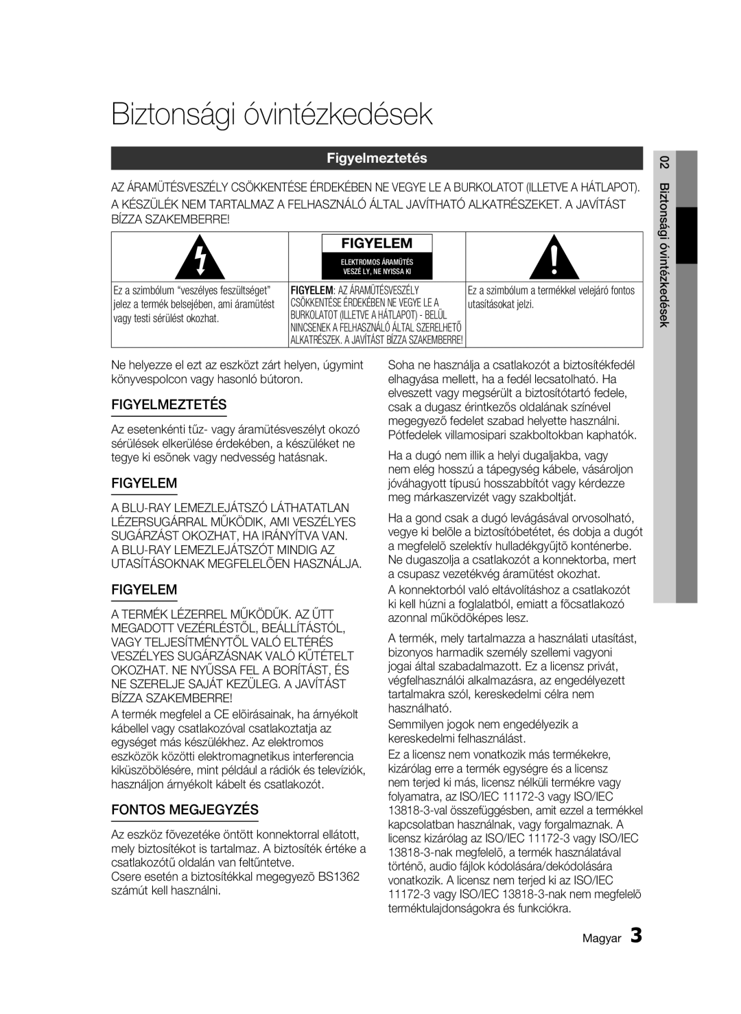 Samsung BD-C6500/EDC, BD-C6500/XEN, BD-C6500/XAA, BD-C6500/XEF, BD-C6500/XEE manual Biztonsági óvintézkedések, Figyelmeztetés 