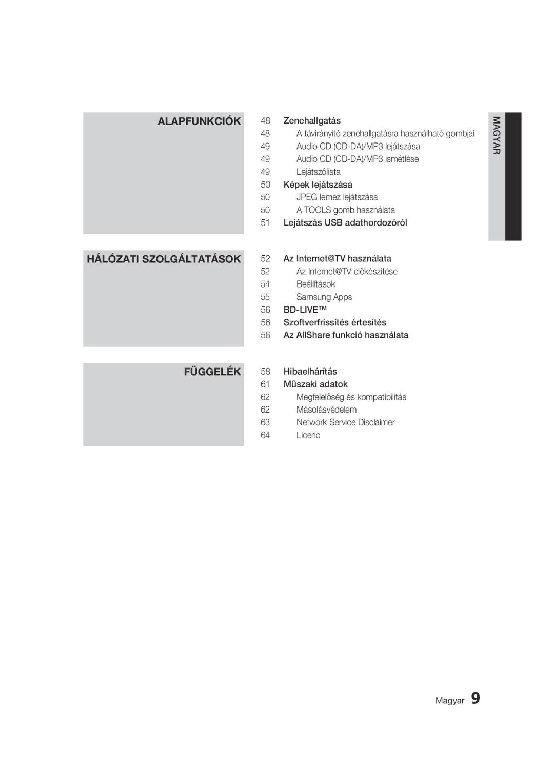 Samsung BD-C6500/XAA manual Hálózati szolgáltatások, Alapfunkciók 48 Zenehallgatás, Az Internet@TV használata, Beállítások 