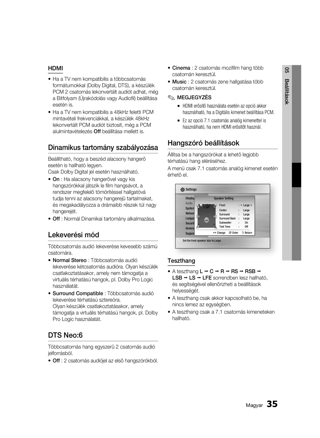 Samsung BD-C6500/XEF, BD-C6500/XEN manual Dinamikus tartomány szabályozása, Lekeverési mód, Hangszóró beállítások, Teszthang 