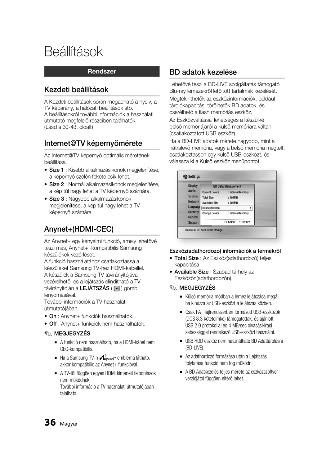 Samsung BD-C6500/XEE manual Kezdeti beállítások, Internet@TV képernyőmérete, Anynet+HDMI-CEC, BD adatok kezelése, Rendszer 