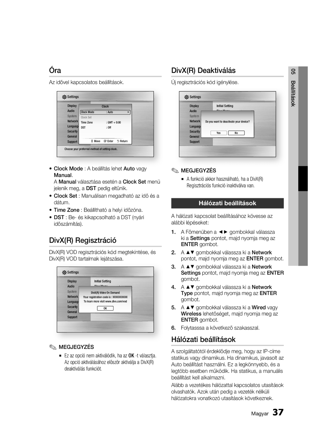 Samsung BD-C6500/XEN, BD-C6500/EDC, BD-C6500/XAA manual Óra, DivXR Regisztráció, DivXR Deaktiválás, Hálózati beállítások 