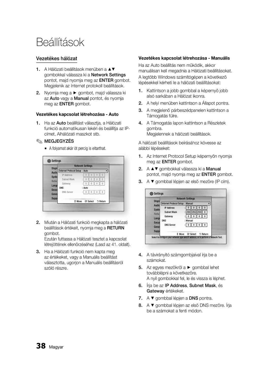 Samsung BD-C6500/EDC manual Vezetékes hálózat, Vezetékes kapcsolat létrehozása Auto, Folyamat akár öt percig is eltarthat 