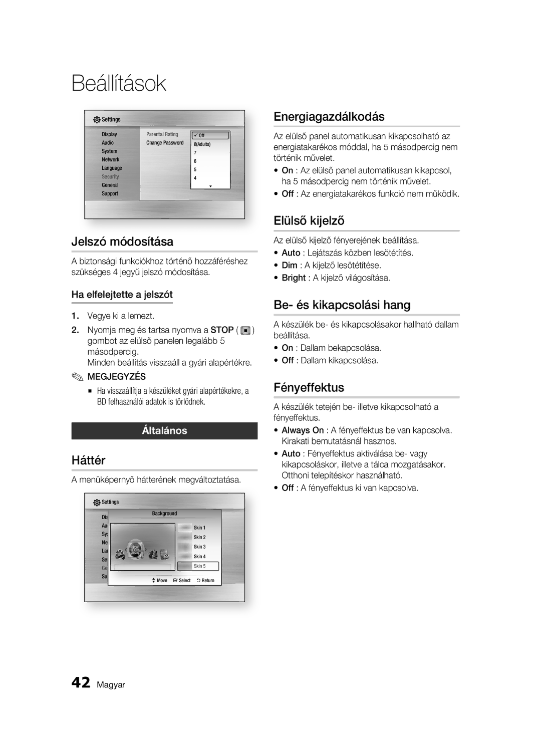 Samsung BD-C6500/XEN Jelszó módosítása, Háttér, Energiagazdálkodás, Elülső kijelző, Be- és kikapcsolási hang, Fényeffektus 