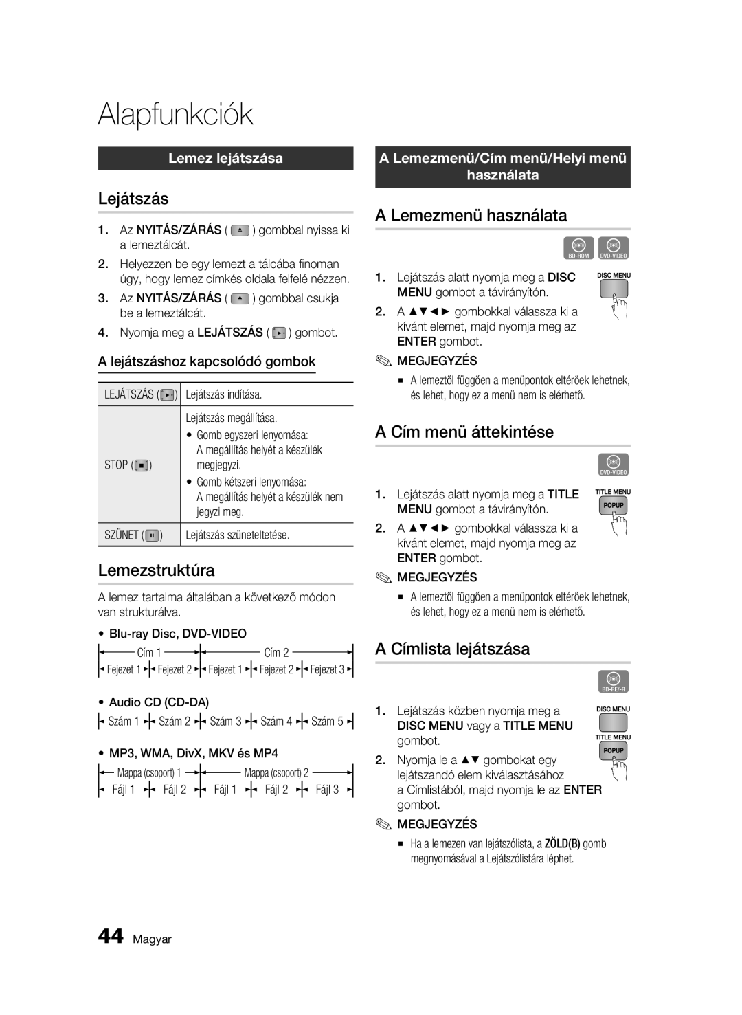 Samsung BD-C6500/XAA, BD-C6500/XEN, BD-C6500/EDC, BD-C6500/XEF, BD-C6500/XEE manual Alapfunkciók 