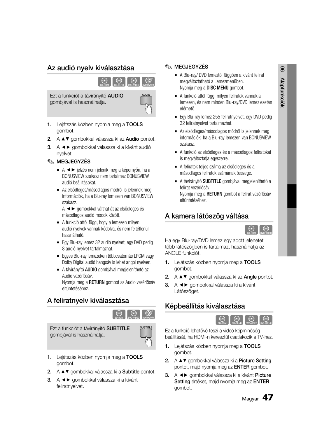 Samsung BD-C6500/XEN, BD-C6500/EDC manual Az audió nyelv kiválasztása, Feliratnyelv kiválasztása, Kamera látószög váltása 