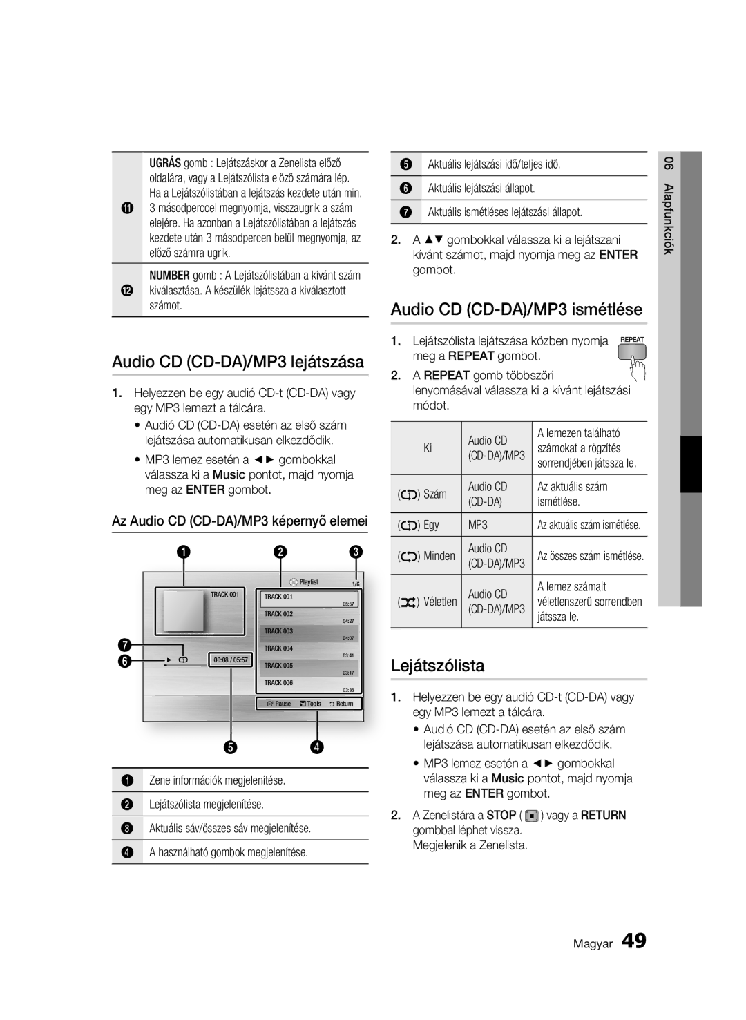 Samsung BD-C6500/XAA, BD-C6500/XEN, BD-C6500/EDC Audio CD CD-DA/MP3 lejátszása, Audio CD CD-DA/MP3 ismétlése, Lejátszólista 