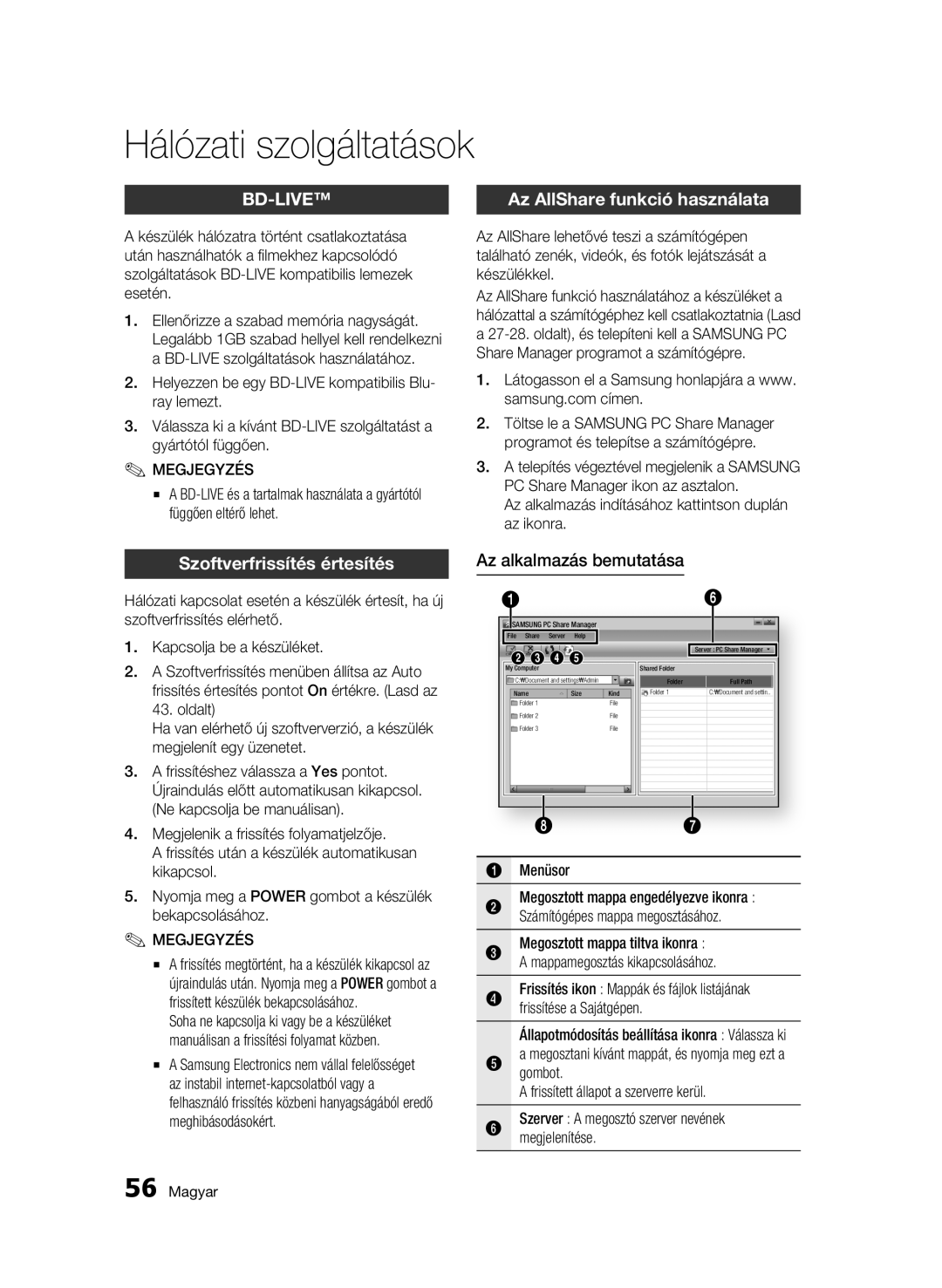 Samsung BD-C6500/XEE, BD-C6500/XEN Az AllShare funkció használata, Szoftverfrissítés értesítés, Az alkalmazás bemutatása 