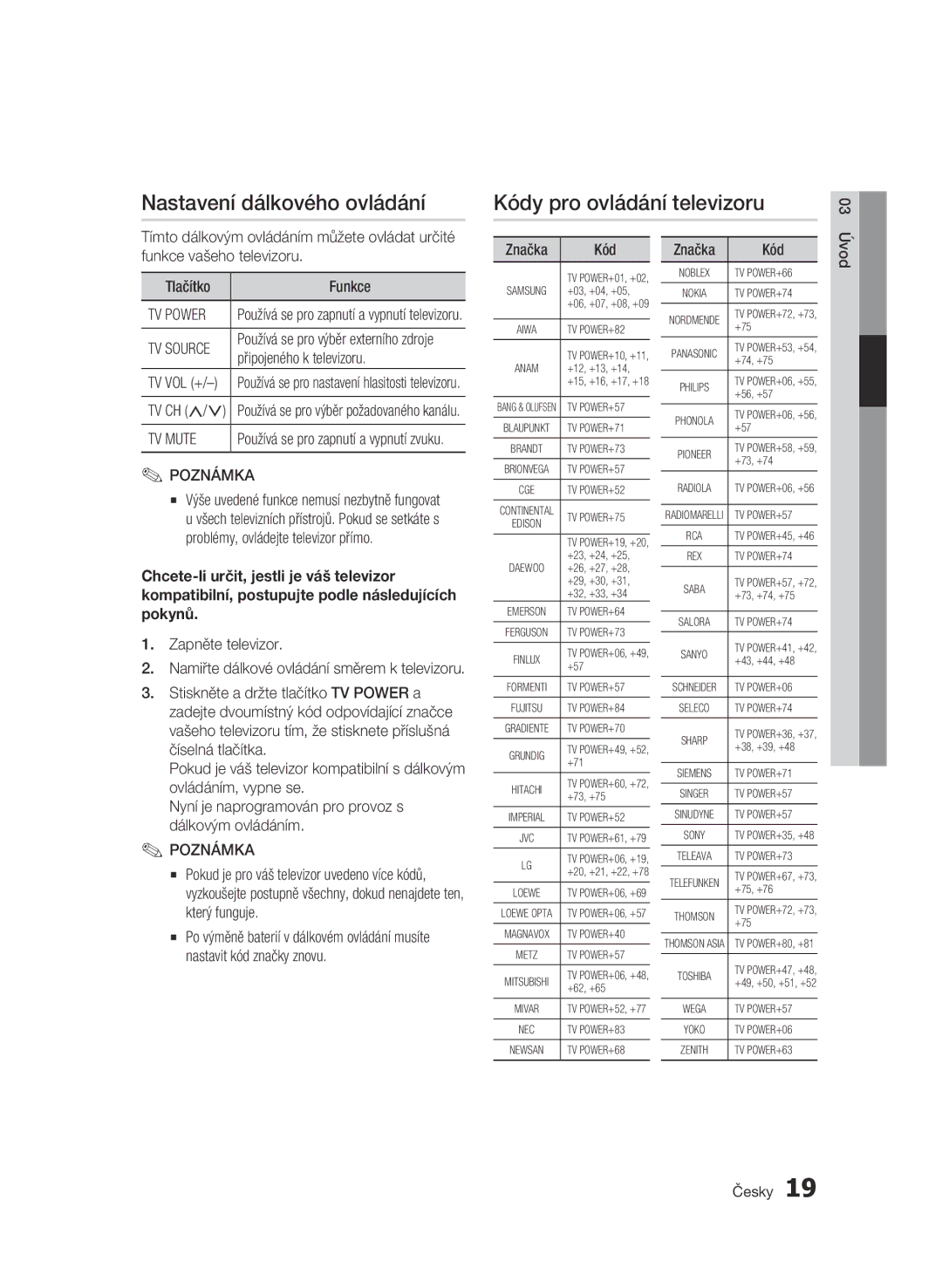 Samsung BD-C6500/XEE, BD-C6500/XEN manual Nastavení dálkového ovládání, Kódy pro ovládání televizoru, TV Power, TV Mute 