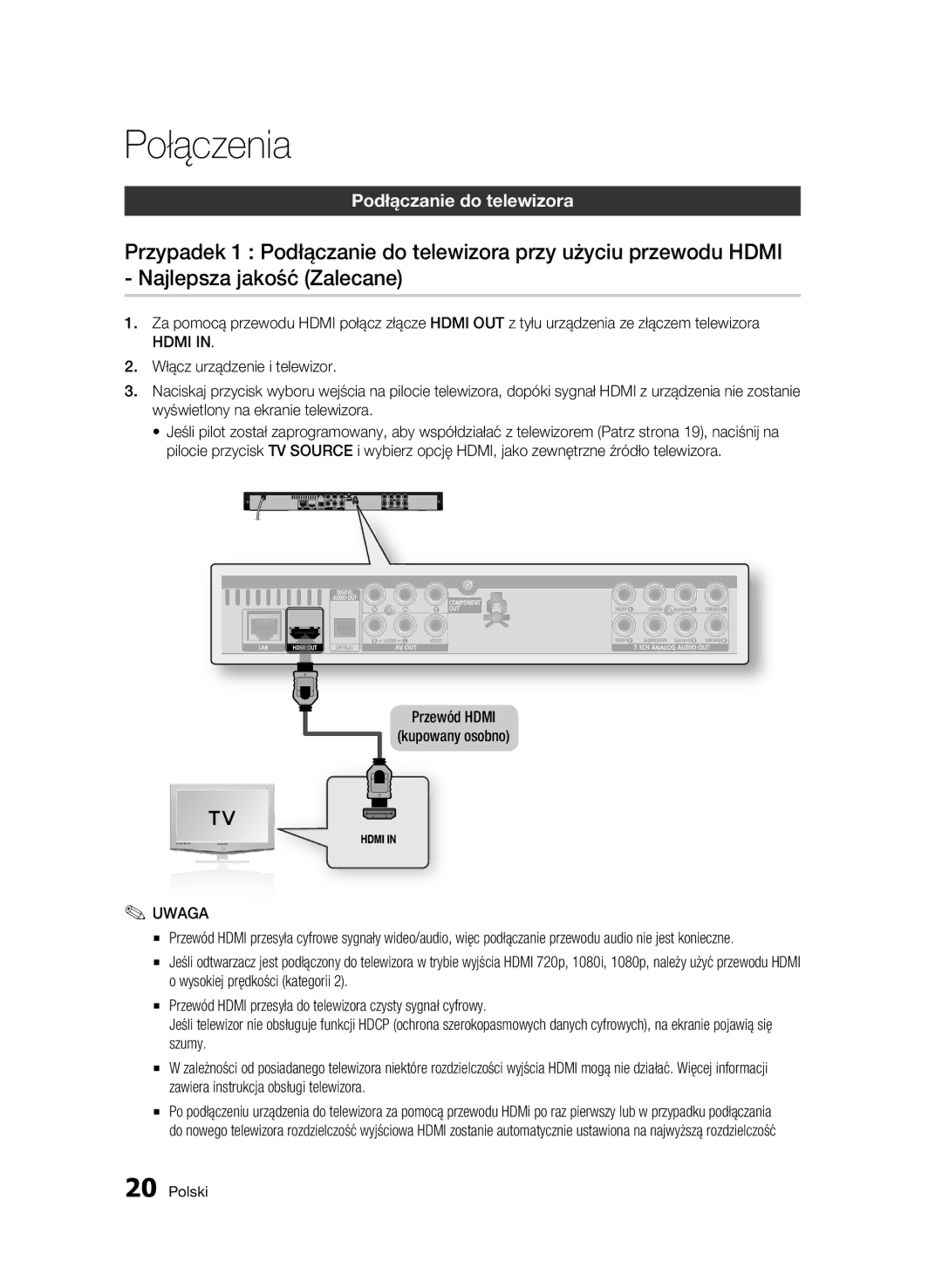 Samsung BD-C6500/XEE, BD-C6500/XEN, BD-C6500/EDC manual Połączenia, Podłączanie do telewizora, Przewód Hdmi Kupowany osobno 