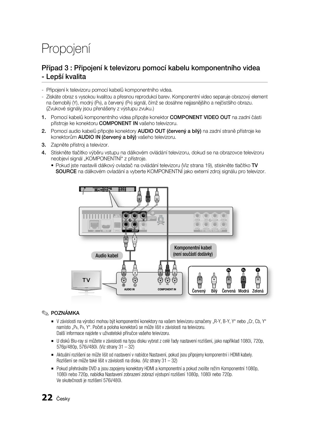 Samsung BD-C6500/XAA manual Připojení k televizoru pomocí kabelů komponentního videa, Ve skutečnosti je rozlišení 576i/480i 