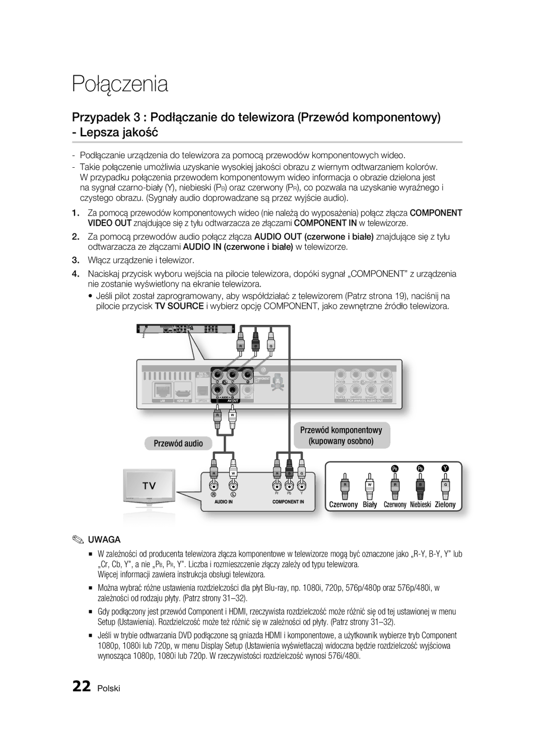 Samsung BD-C6500/EDC manual Przewód audio Przewód komponentowy Kupowany osobno, Czerwony Biały Czerwony Niebieski Zielony 