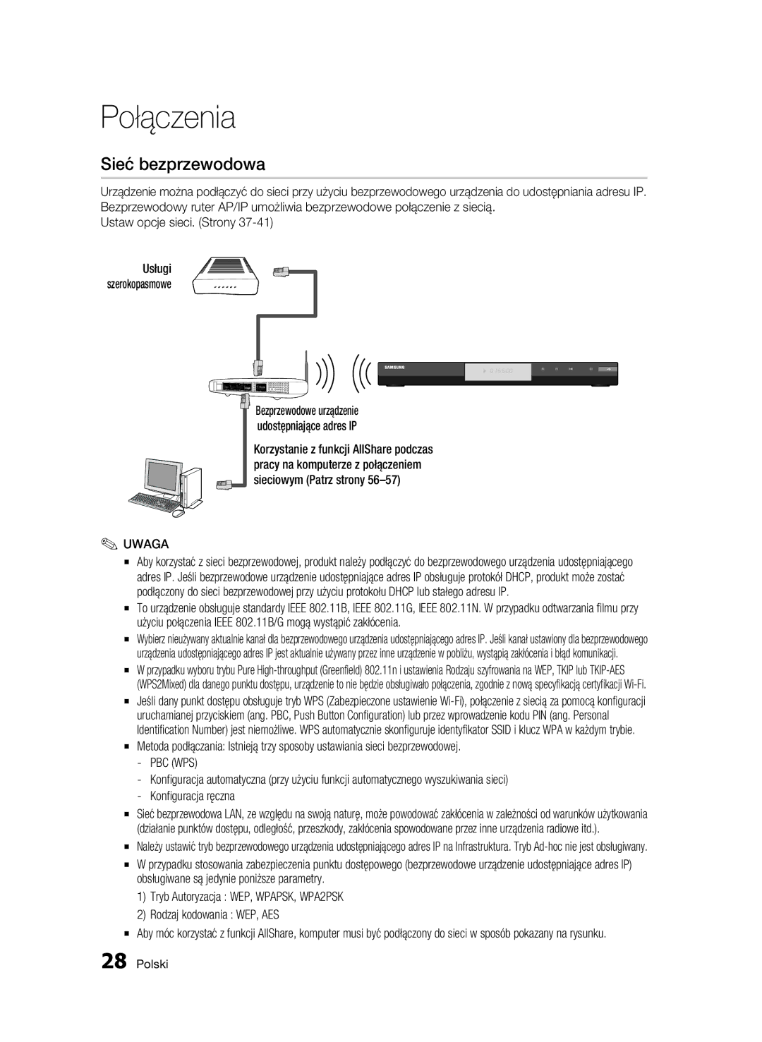 Samsung BD-C6500/XAA, BD-C6500/XEN, BD-C6500/EDC, BD-C6500/XEF, BD-C6500/XEE Sieć bezprzewodowa, Ustaw opcje sieci. Strony 