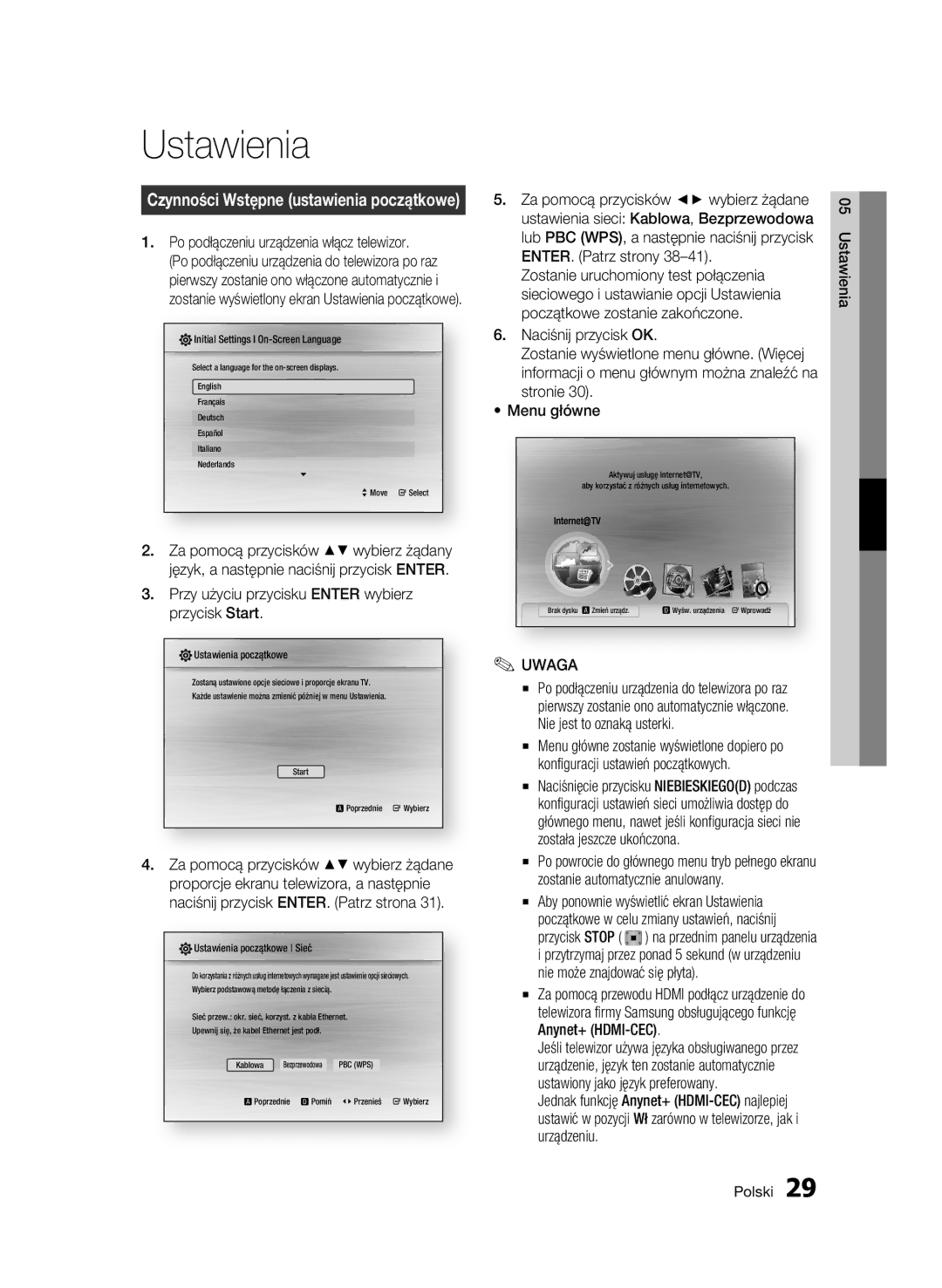 Samsung BD-C6500/XEF manual Ustawienia, Po podłączeniu urządzenia włącz telewizor, ENTER. Patrz strony, Stronie Menu główne 