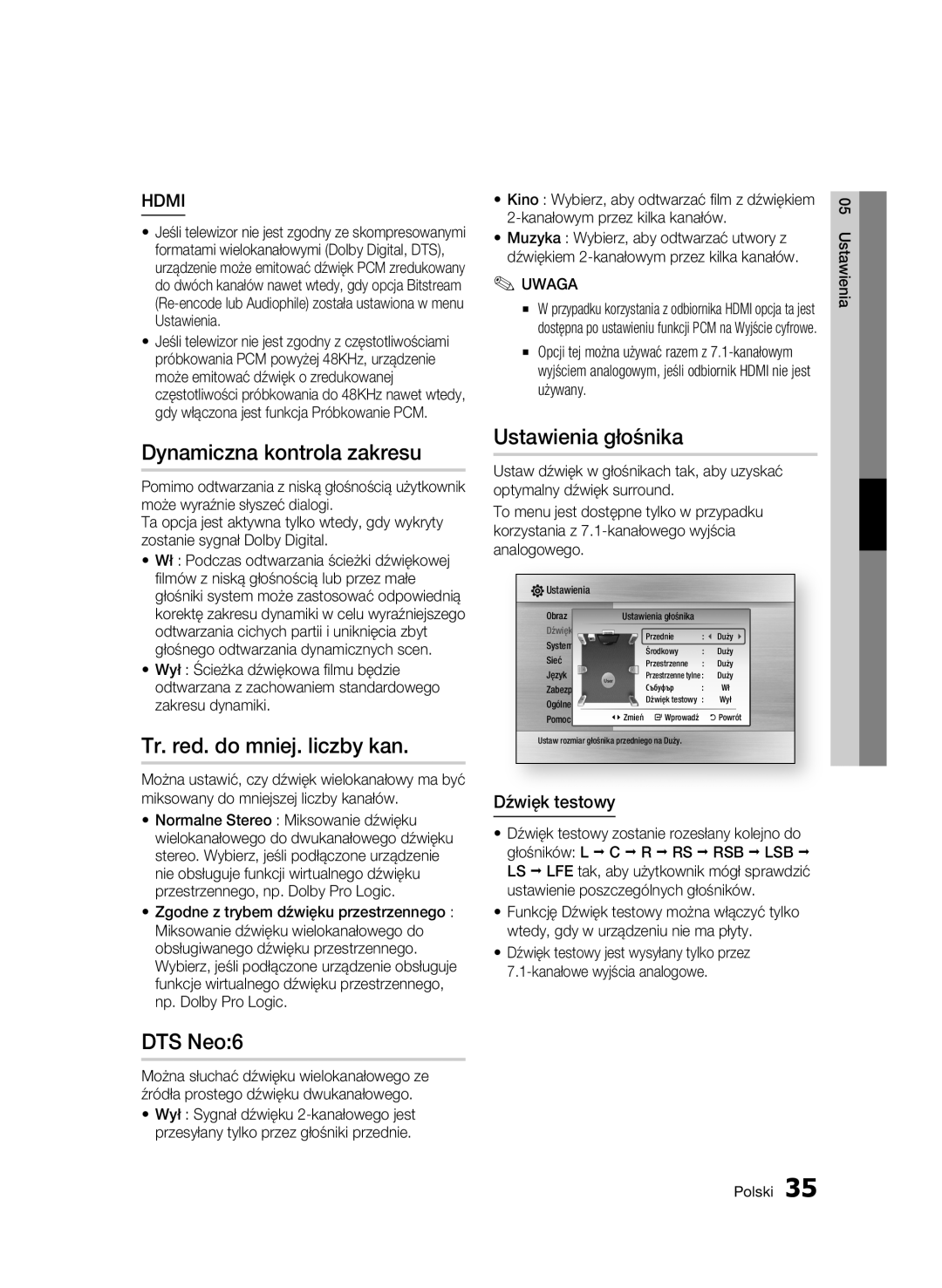 Samsung BD-C6500/XEE manual Dynamiczna kontrola zakresu, Tr. red. do mniej. liczby kan, Ustawienia głośnika, Dźwięk testowy 