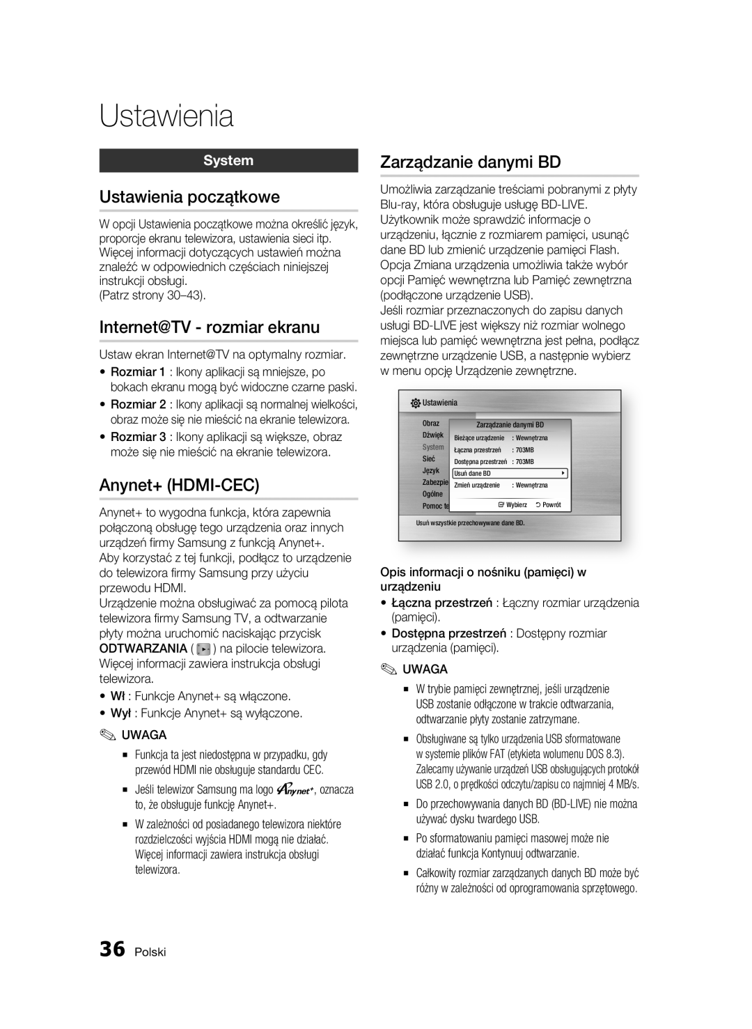 Samsung BD-C6500/XEN, BD-C6500/EDC manual Ustawienia początkowe, Internet@TV rozmiar ekranu, Zarządzanie danymi BD, System 