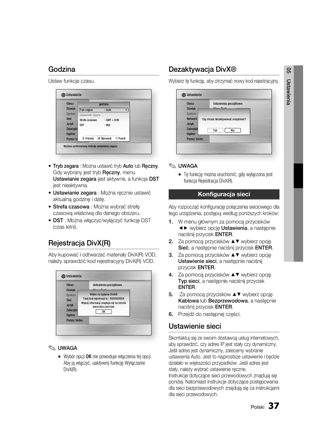 Samsung BD-C6500/EDC, BD-C6500/XEN Godzina, Rejestracja DivXR, Dezaktywacja DivX, Ustawienie sieci, Konfiguracja sieci 