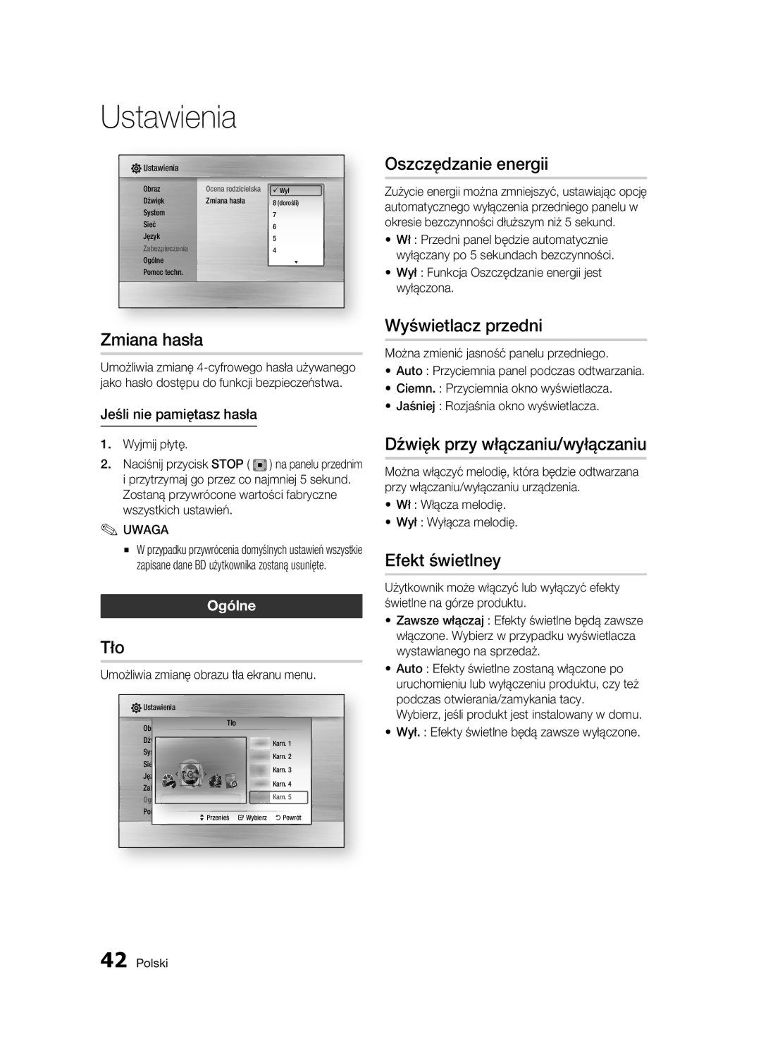 Samsung BD-C6500/EDC manual Zmiana hasła, Tło, Oszczędzanie energii, Wyświetlacz przedni, Dźwięk przy włączaniu/wyłączaniu 