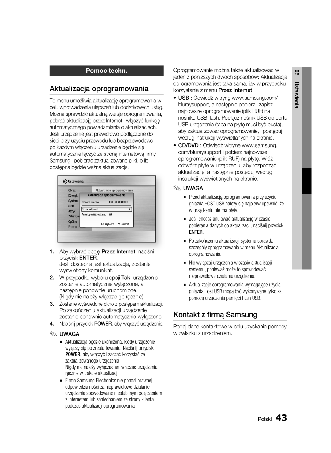 Samsung BD-C6500/XAA, BD-C6500/XEN, BD-C6500/EDC manual Aktualizacja oprogramowania, Kontakt z firmą Samsung, Pomoc techn 