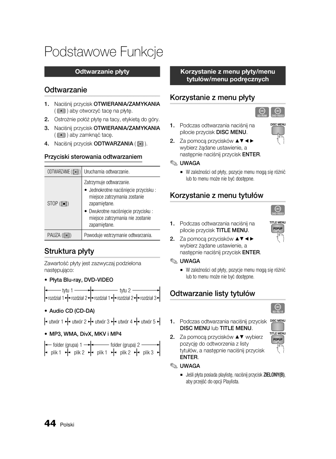 Samsung BD-C6500/XEF, BD-C6500/XEN manual Odtwarzanie, Struktura płyty, Korzystanie z menu płyty, Korzystanie z menu tytułów 