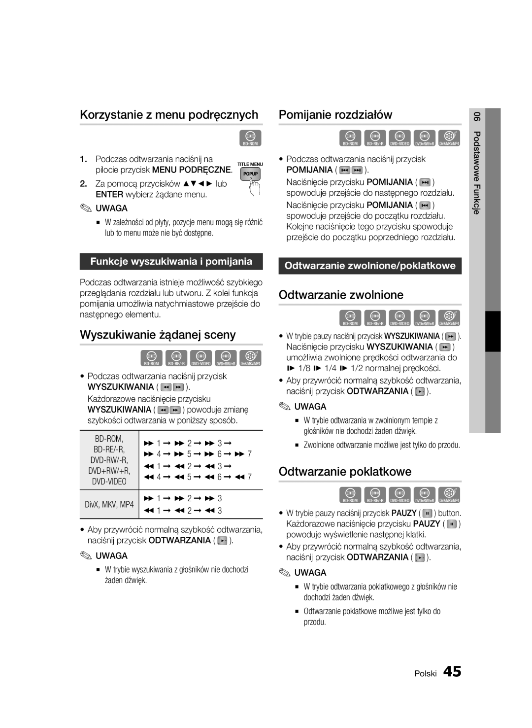 Samsung BD-C6500/XEE, BD-C6500/XEN manual Korzystanie z menu podręcznych, Wyszukiwanie żądanej sceny, Pomijanie rozdziałów 