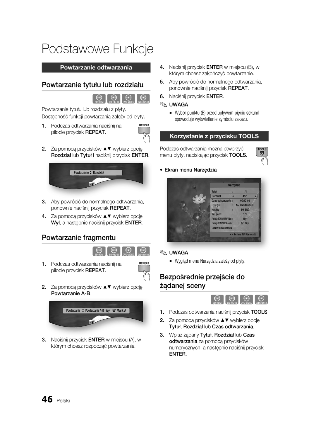 Samsung BD-C6500/XEN Powtarzanie tytułu lub rozdziału, Powtarzanie fragmentu, Bezpośrednie przejście do żądanej sceny 