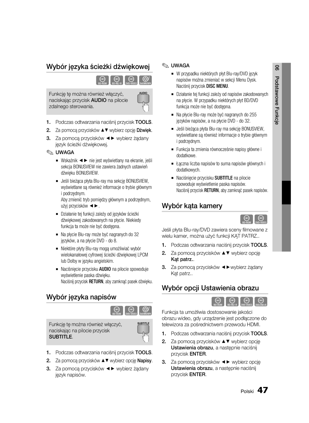 Samsung BD-C6500/EDC, BD-C6500/XEN manual Wybór języka ścieżki dźwiękowej, Wybór języka napisów, Wybór kąta kamery, Subtitle 