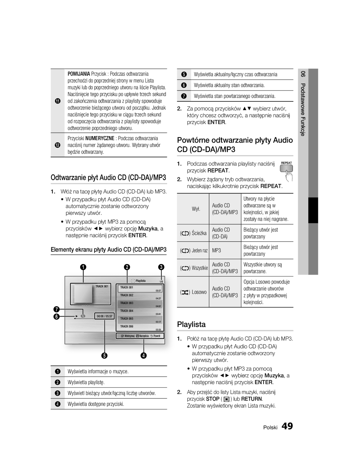 Samsung BD-C6500/XEF manual Powtórne odtwarzanie płyty Audio CD CD-DA/MP3, Playlista, Odtwarzanie płyt Audio CD CD-DA/MP3 