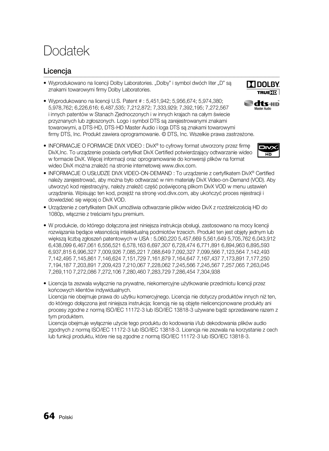 Samsung BD-C6500/XEF, BD-C6500/XEN, BD-C6500/EDC, BD-C6500/XAA, BD-C6500/XEE manual Licencja 