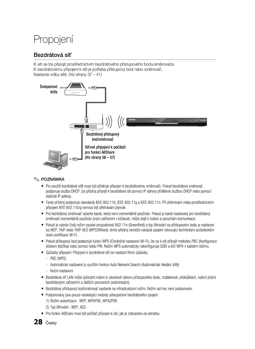 Samsung BD-C6500/XEF, BD-C6500/XEN, BD-C6500/EDC, BD-C6500/XAA, BD-C6500/XEE manual Bezdrátová síť, Pbc Wps 