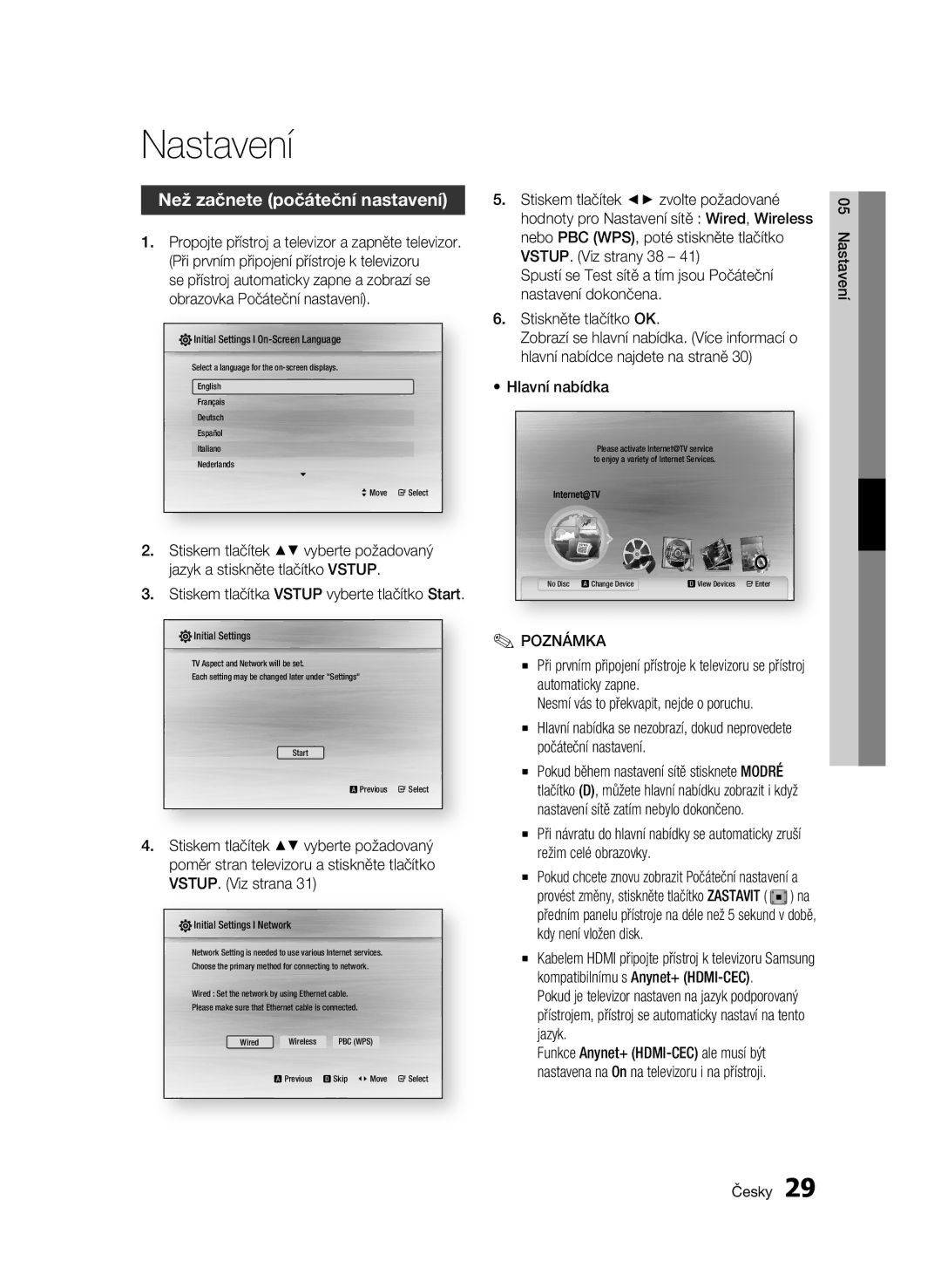 Samsung BD-C6500/XEE manual Nastavení, Než začnete počáteční nastavení, Stiskem tlačítka Vstup vyberte tlačítko Start 