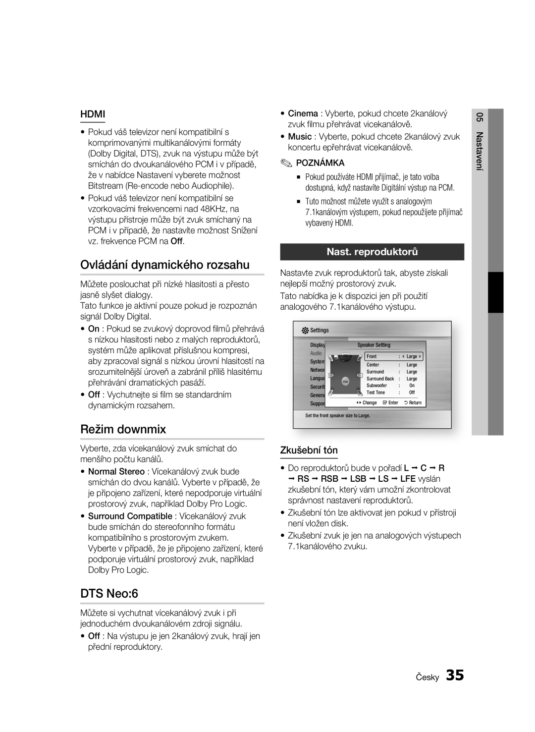 Samsung BD-C6500/XEN, BD-C6500/EDC Ovládání dynamického rozsahu, Režim downmix, DTS Neo6, Nast. reproduktorů, Zkušební tón 