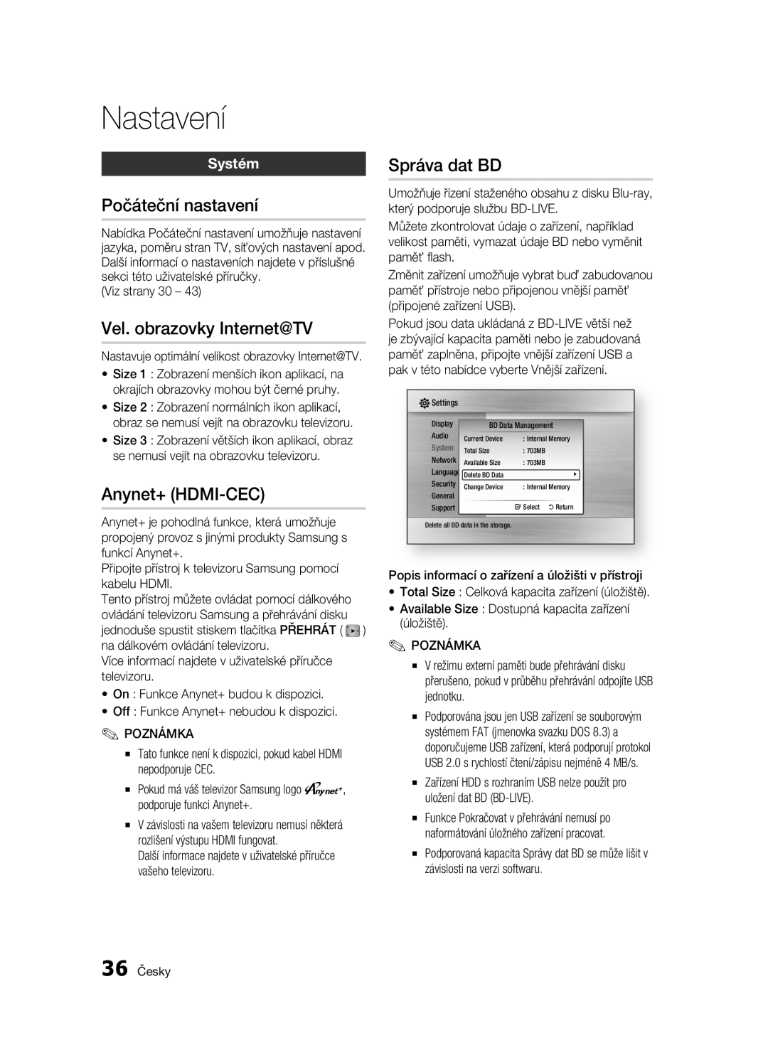 Samsung BD-C6500/EDC manual Počáteční nastavení, Vel. obrazovky Internet@TV, Anynet+ HDMI-CEC, Správa dat BD, Systém 