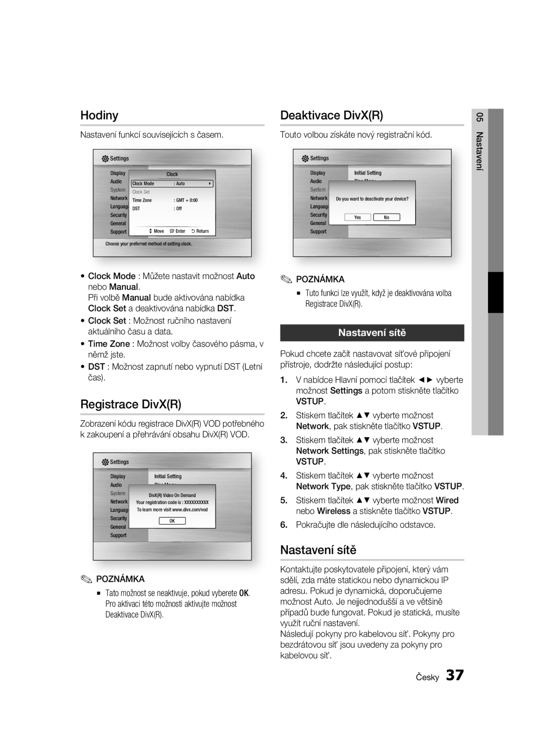 Samsung BD-C6500/XAA, BD-C6500/XEN, BD-C6500/EDC, BD-C6500/XEF Hodiny, Deaktivace DivXR, Registrace DivXR, Nastavení sítě 