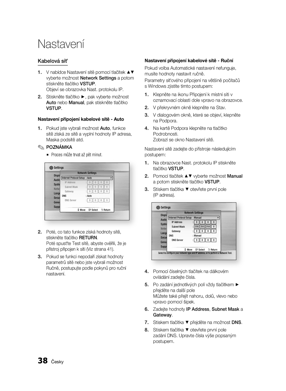 Samsung BD-C6500/XEF, BD-C6500/XEN Kabelová síť, Nastavení připojení kabelové sítě Auto, Proces může trvat až pět minut 