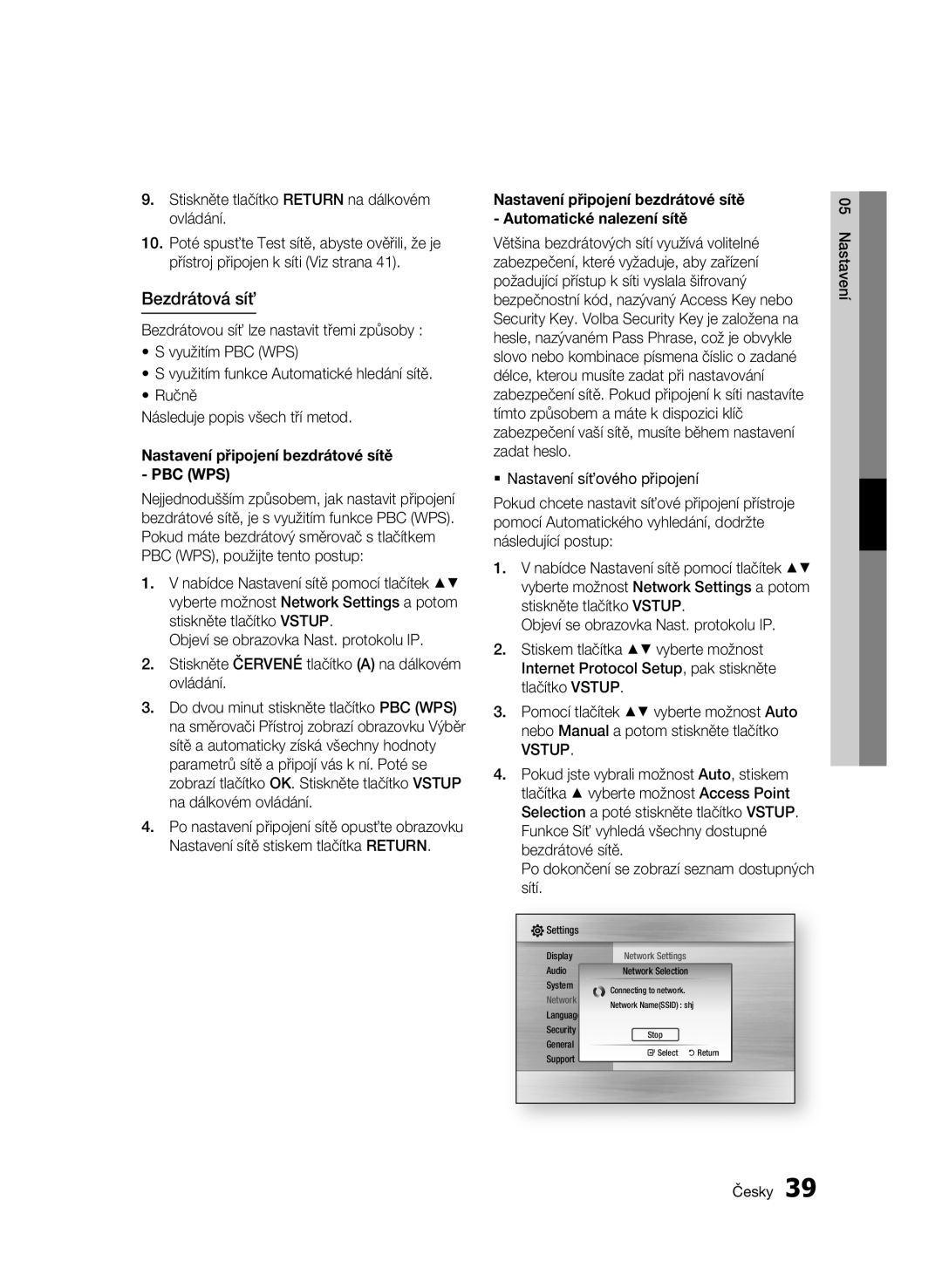 Samsung BD-C6500/XEE, BD-C6500/XEN, BD-C6500/EDC manual Bezdrátová síť, Stiskněte tlačítko Return na dálkovém ovládání 