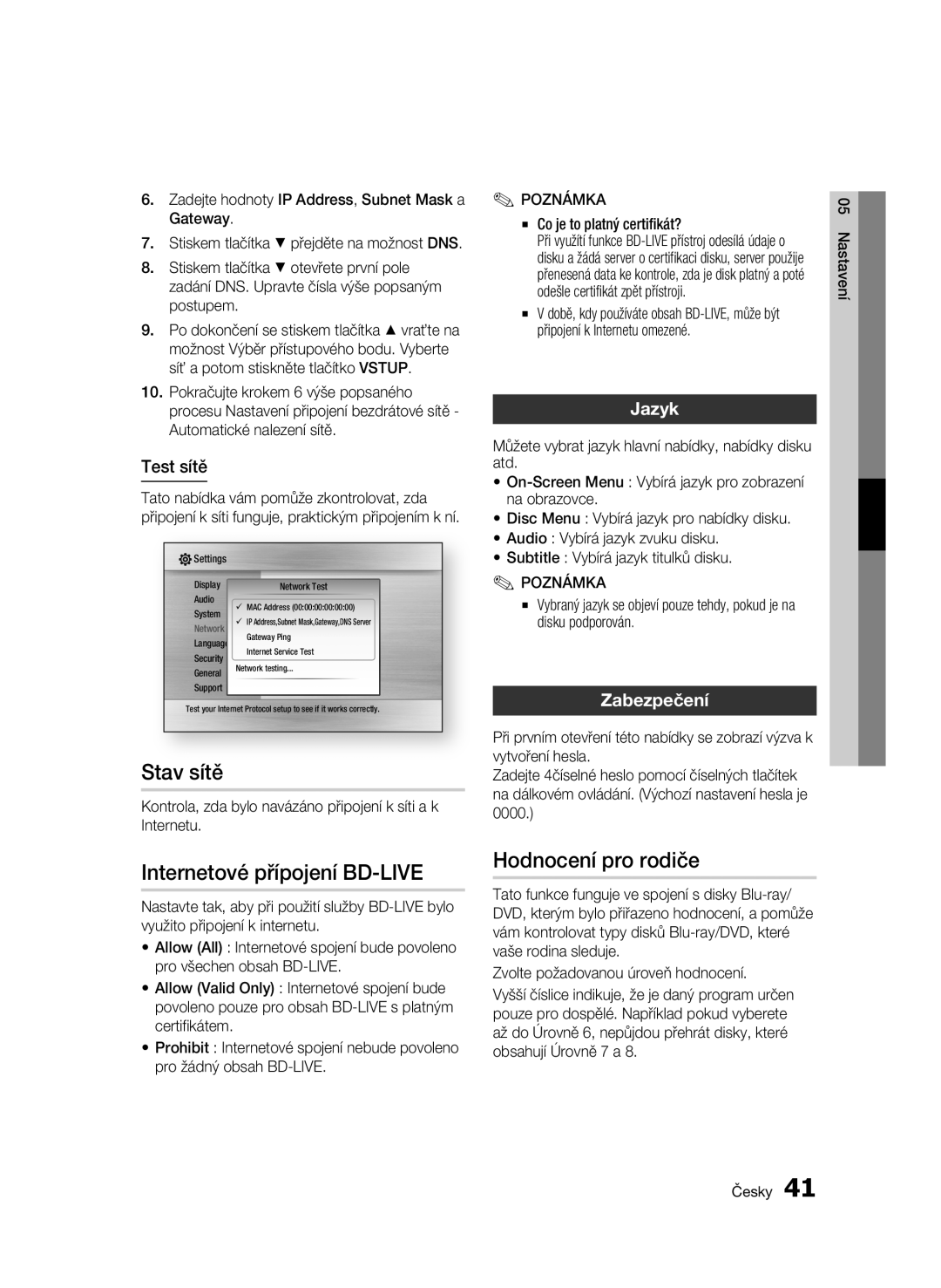 Samsung BD-C6500/EDC, BD-C6500/XEN manual Stav sítě, Internetové přípojení BD-LIVE, Hodnocení pro rodiče, Jazyk, Zabezpečení 