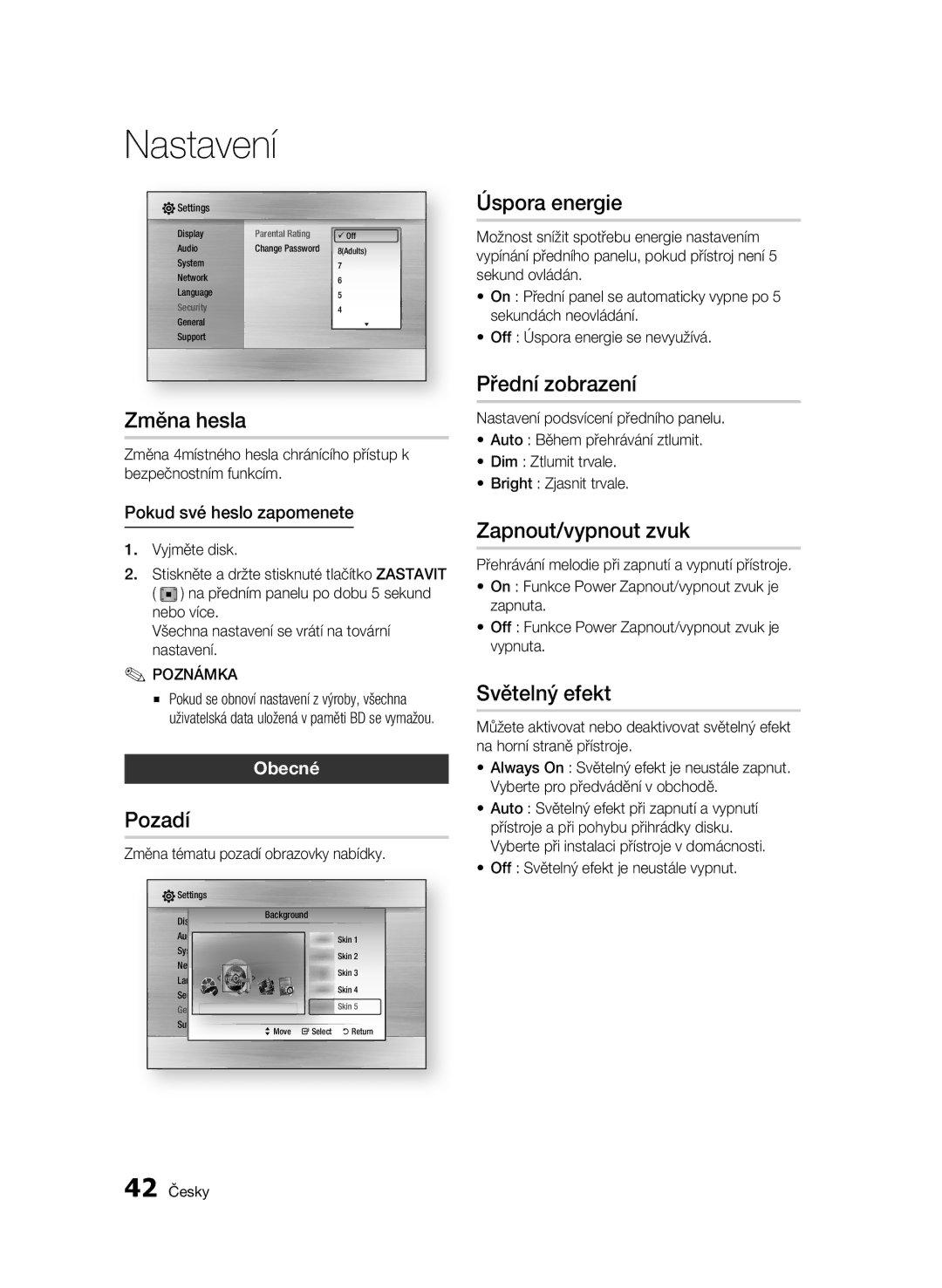 Samsung BD-C6500/XAA manual Změna hesla, Pozadí, Úspora energie, Přední zobrazení, Zapnout/vypnout zvuk, Světelný efekt 