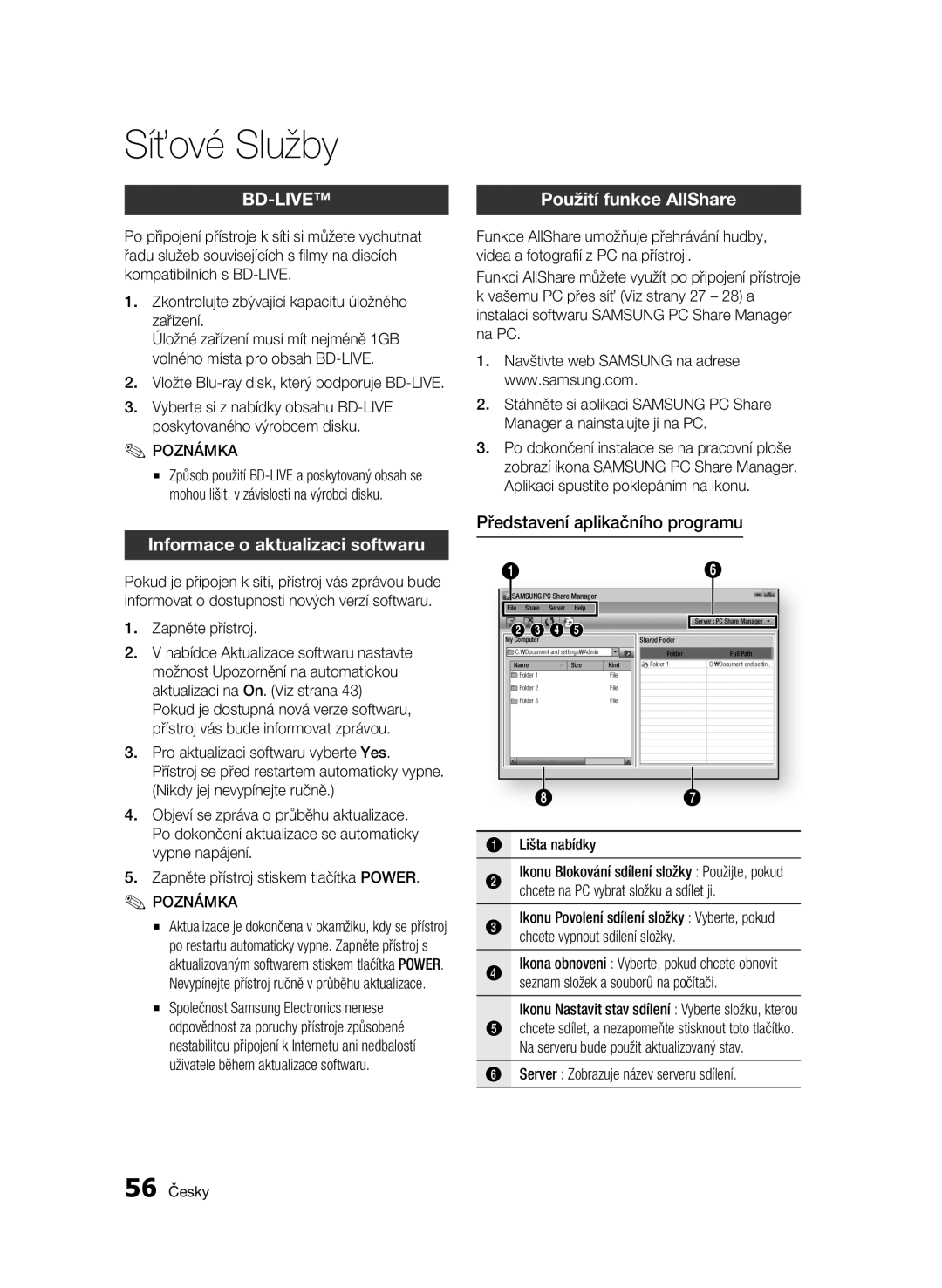 Samsung BD-C6500/EDC manual Použití funkce AllShare, Informace o aktualizaci softwaru, Představení aplikačního programu 