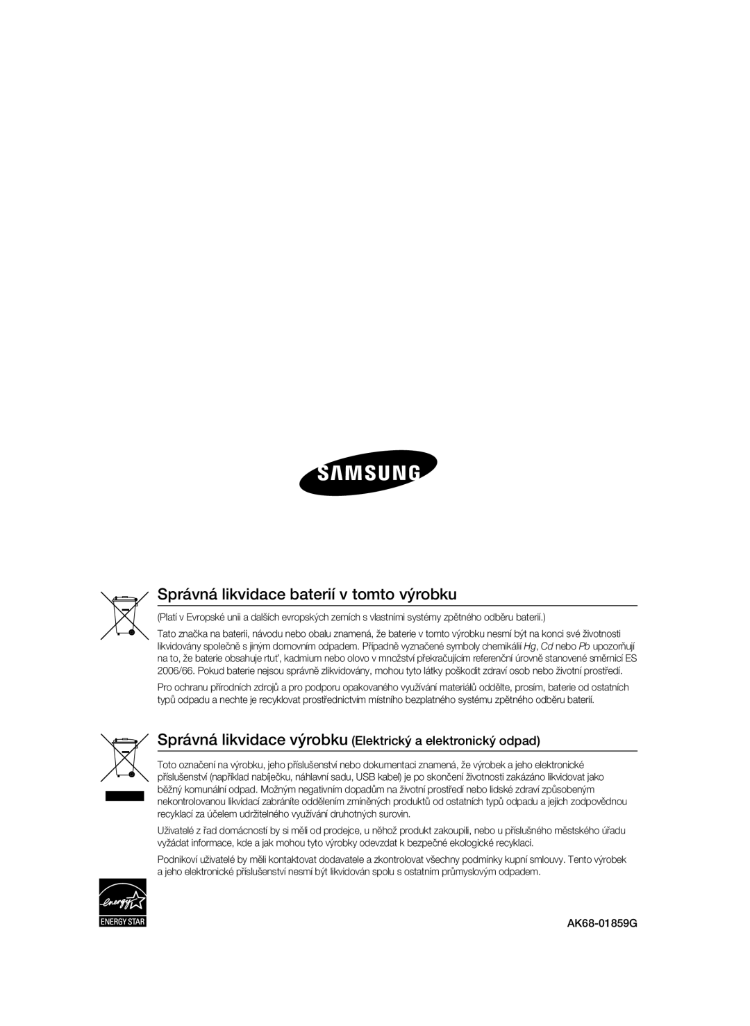 Samsung BD-C6500/EDC, BD-C6500/XEN, BD-C6500/XAA Správná likvidace výrobku Elektrický a elektronický odpad, AK68-01859G 