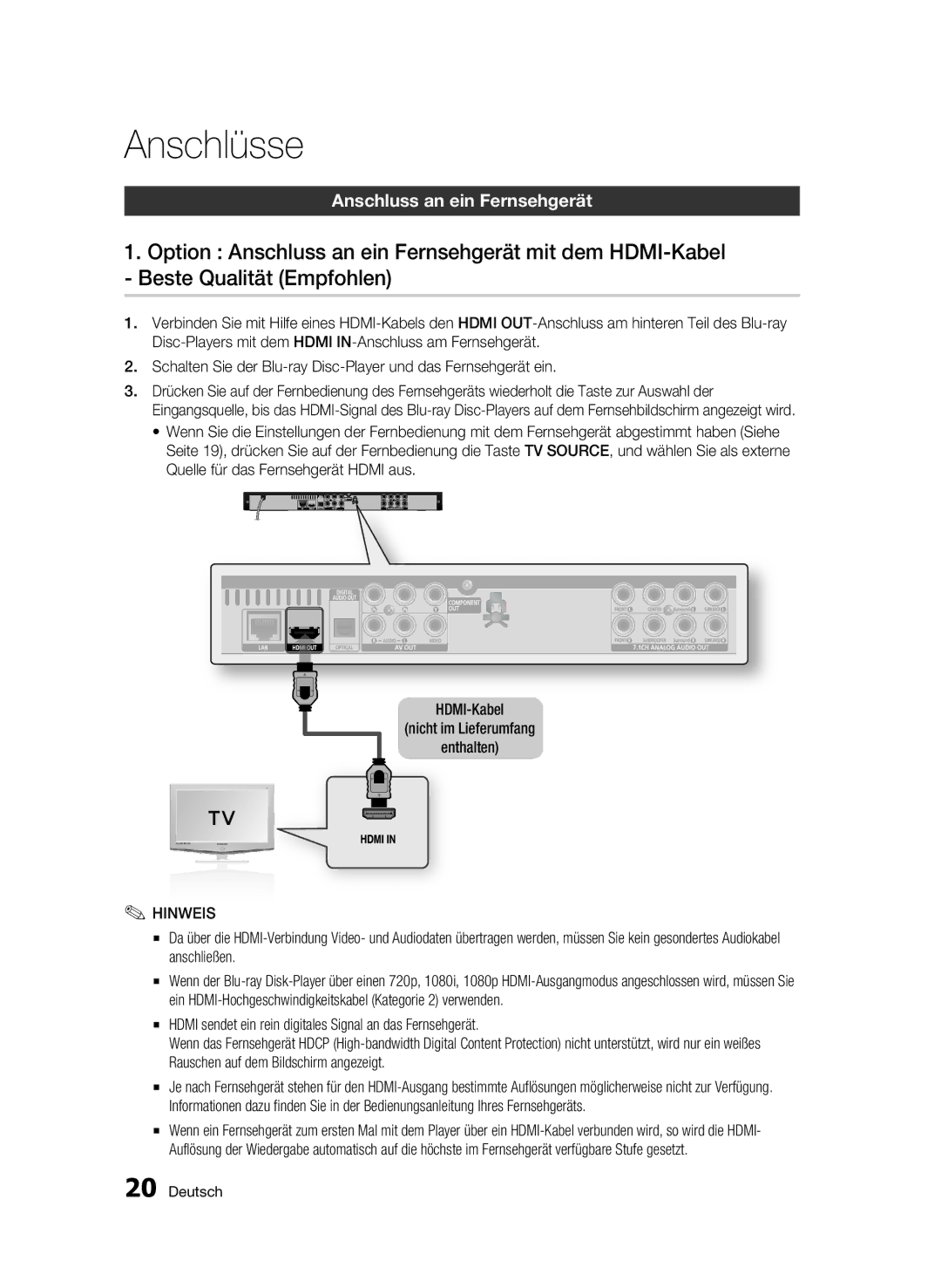 Samsung BD-C6500/EDC, BD-C6500/XEN, BD-C6500/XAA, BD-C6500/XEF, BD-C6500/XEE manual Anschlüsse, Anschluss an ein Fernsehgerät 